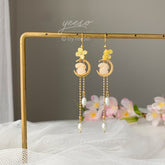 Moon Bunny Blossom Earrings - Celestial rabbit Pearl Earrings - Japanese gold Osmanthus Floral Earring